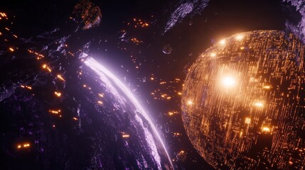 Poster - futuristic glowing planets with digital circuit board surface in space