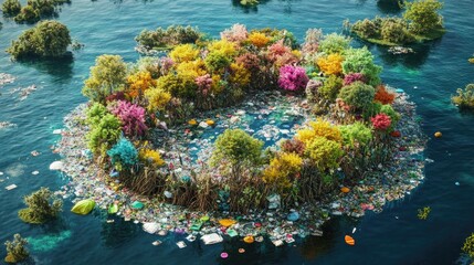 Poster - A floating island of plastic and waste amidst serene waters, with colorful forests around it, symbolizing nature resilience despite human impact.