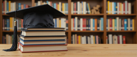 Graduation cap resting atop a stack of books conveying a sense of achievement and education situated in a library with colorful book spines in the background