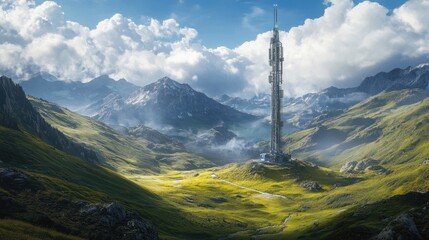 Poster - A futuristic telecom tower set in the center of a green valley, under a crisp blue sky, representing the fusion of high-tech innovation and natural landscapes.