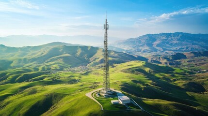 Poster - A futuristic telecom tower set in the center of a green valley, under a crisp blue sky, representing the fusion of high-tech innovation and natural landscapes.