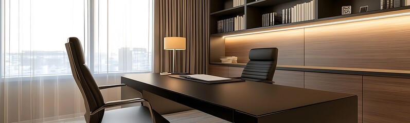 Poster - High-end home office featuring moody lighting in a dark aesthetic. Ideal for modern workspace inspiration.