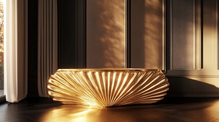 Poster - A golden podium with a shell motif, radiating golden reflections, offering a warm and luxurious setting for an exclusive display.