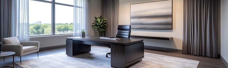 Poster - A sophisticated dark-themed high-end home office featuring stylish decor and modern furnishings.