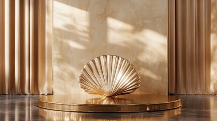 Poster - A golden podium with a shell motif, radiating golden reflections, offering a warm and luxurious setting for an exclusive display.