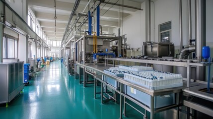 Poster - Automated factory production line with stainless steel machinery and conveyor belts