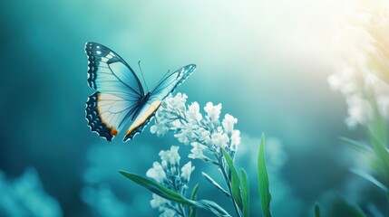 Aufkleber - Colorful butterfly landing on white flowers in a tranquil garden during sunny morning hours. Generative AI