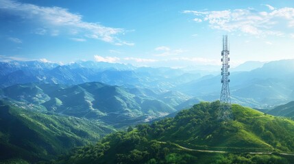 Poster - A high-speed telecom tower in the center of a lush green valley under a clear blue sky, showcasing the seamless integration of advanced technology within nature.