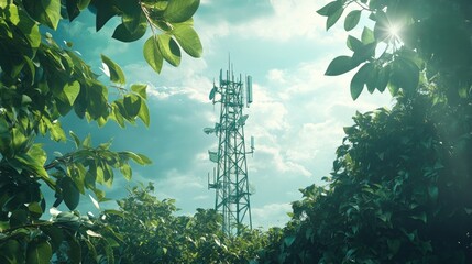 Poster - A high-tech telecom tower framed by lush greenery under an ever-changing sky, reflecting the fusion of modern communication and natural landscapes.