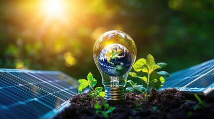 Poster - A light bulb representing eco-energy, with a globe inside, surrounded by solar panels and trees, symbolizing sustainability and clean energy in a vibrant blue setting.
