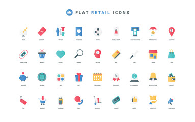 Fototapete - Online retail store sales, ecommerce, purchase, payment for order and delivery color icon set. Gift offer and discount, support service for customer, search flat elements vector illustration