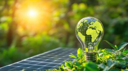 Poster - A light bulb representing green energy, with a globe inside and surrounded by trees and solar panels, symbolizing eco-conscious innovation and sustainability.