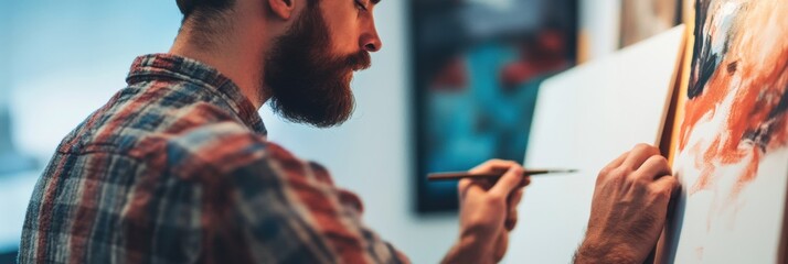 Poster - Artist creating a colorful canvas in a contemporary art studio during an evening session. Generative AI