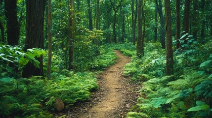 Aufkleber - A lush forest trail weaves through vibrant vegetation, showcasing the rich diversity of plant life and the harmonious coexistence of species within a thriving ecosystem.