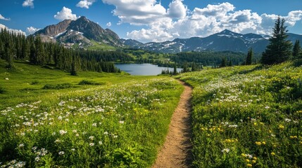 Poster - A lush green hiking trail winds through fields of wildflowers, with peaceful mountain lakes and towering peaks in the distance, creating a perfect nature escape.
