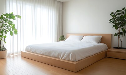 Poster - A minimalist Japandi-style bedroom featuring warm wooden tones and modern design elements.