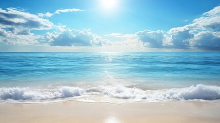 Leinwandbilder - Calm ocean waves gently lap the sandy shore under a bright sun and scattered clouds. Generative AI