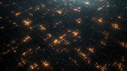Fototapete - Abstract glowing network grid pattern on a dark background with orange lights