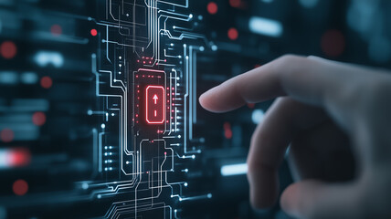 Poster - digital interaction: a fingertip hovers over a glowing circuit board interface, suggesting a moment 
