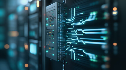 Poster - Data Center Network: Glowing teal circuit lines illuminate a sleek server rack in a modern data center, showcasing advanced technology and connectivity. 