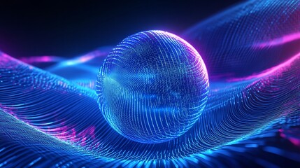 Fototapete - Glowing sphere on abstract wavy background with blue and pink light lines pattern
