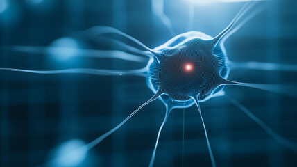 Poster - Neural Network: A captivating close-up of a neuron, showcasing its intricate structure with multiple dendrites extending from the cell body, against a mesmerizing blue background.