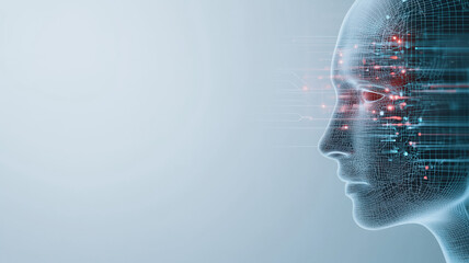 Poster - Digital Consciousness: A futuristic portrait of an AI, depicted as a human face composed of intricate digital circuitry. The glowing red light in its eyes suggests a consciousness, a powerful force.