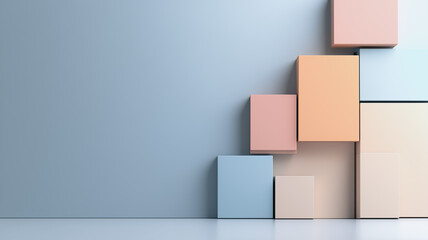 Poster - Pastel Cubes Minimalist Composition: A serene and minimalist arrangement of pastel-colored cubes against a soft blue backdrop, creating a visually captivating and calming aesthetic.