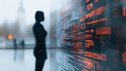 Poster - Silhouette of a Woman Before Code: A woman's silhouette stands in the foreground, blurred and ethereal, before a wall of glowing red and blue code. The code is a digital language.