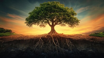 Aufkleber - A majestic tree stands tall, its roots spreading deep into diverse landscapes, symbolizing ecological harmony and the interconnectedness of all life on Earth.