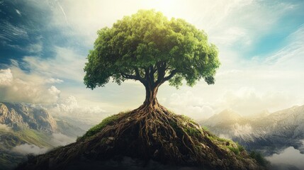 Aufkleber - A majestic tree stands tall, its roots spreading deep into diverse landscapes, symbolizing ecological harmony and the interconnectedness of all life on Earth.