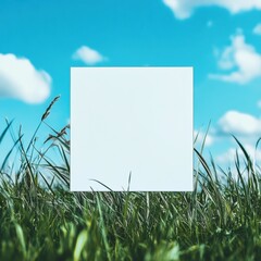 Poster - Blank square on green grass under a blue sky with fluffy white clouds during a sunny day. Generative AI