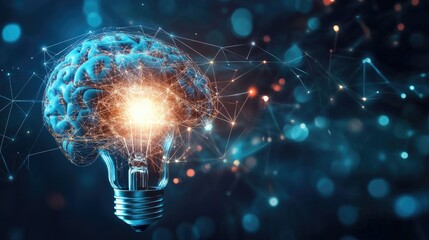 Poster - A modern AI connection, linking a brain to a glowing light bulb, illustrating the transfer of creative energy and intellectual innovation.
