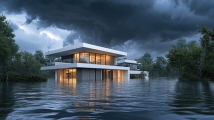 Aufkleber - A modern elevated villa surrounded by floodwaters, with a dramatic stormy sky overhead, symbolizing resilience and strength amidst natural challenges.