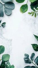Fototapete - Lush green leaves arranged artistically on a light marble background promoting natural beauty and tranquility. Generative AI