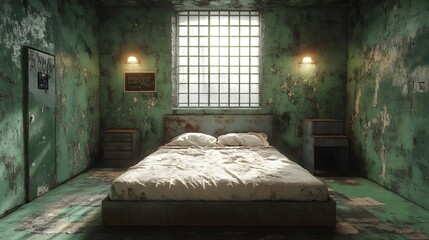 Wall Mural - a bedroom with a bed, nightstand, and window