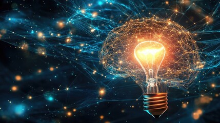 Poster - A network of advanced AI lines linking a brain to a bright light bulb, representing the flow of creativity, intelligence, and problem-solving.