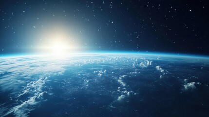 Poster - Vibrant sunrise over the Earth seen from space with twinkling stars in the background during twilight. Generative AI