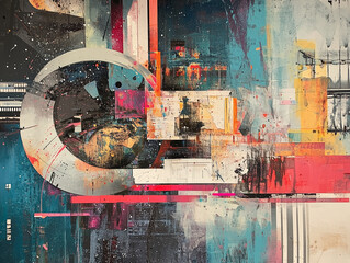 Fototapete - abstract technology background showcases a fusion of media technology in space, incorporating mixed media elements to create a visually dynamic and futuristic representation of intersection between