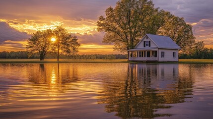 Aufkleber - A peaceful rural house elevated in a flooded field, surrounded by water, with the setting sun casting golden reflections on the calm water and trees.