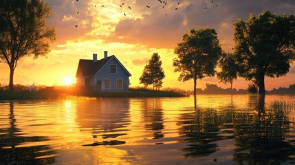 Aufkleber - A peaceful rural house elevated in a flooded field, surrounded by water, with the setting sun casting golden reflections on the calm water and trees.