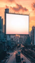 Poster - Large empty billboard in busy urban area during sunset showcasing vibrant cityscape with vehicles on road. Generative AI