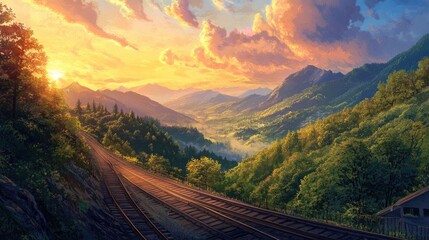 Poster - A peaceful train journey through rolling hills, with tracks curving through lush forests, a vibrant sunset sky, and towering mountains in the background.