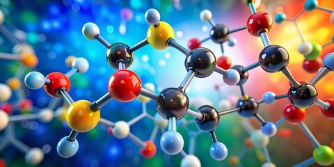 Poster - Molecular Structure: A vibrant, 3D rendering of a complex molecular structure, with atoms represented by colorful spheres connected by bonds, set against a dynamic backdrop of swirling colors.