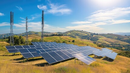 Poster - A picturesque landscape with solar panels and antennas in the foreground, set against rolling hills and a bright blue sky, showcasing an efficient backhaul system.