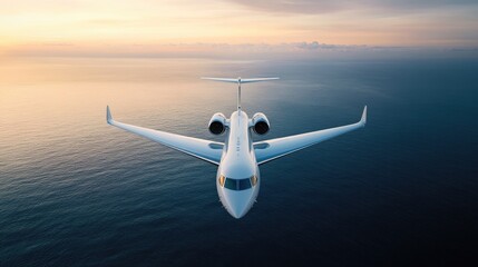 Poster - A pristine white private jet cutting through the peaceful sky over the empty sea, embodying luxury and serenity.