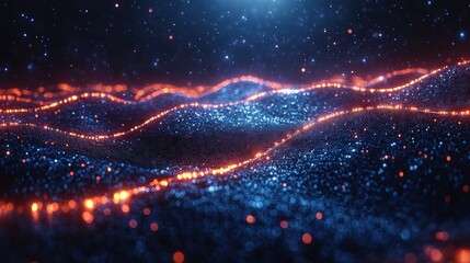 Poster - Vibrant abstract landscape of glowing waves with shimmering particles in a cosmic background