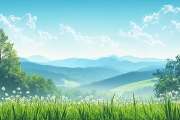 Aufkleber - Scenic green meadow with wildflowers and mountains under a bright blue sky in the afternoon light. Generative AI
