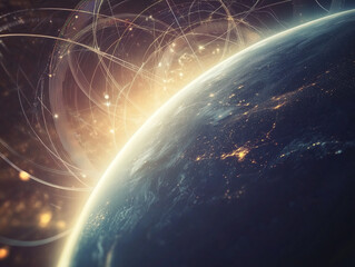 Poster - Abstract technology background featuring interconnected lines encircling Earth's surface, creating a futuristic backdrop with circles and lines that symbolize integration of internet