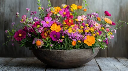 Aufkleber - A rustic wooden bowl filled with vibrant, colorful flowers, showcasing the beauty of nature in a simple yet elegant natural setting.